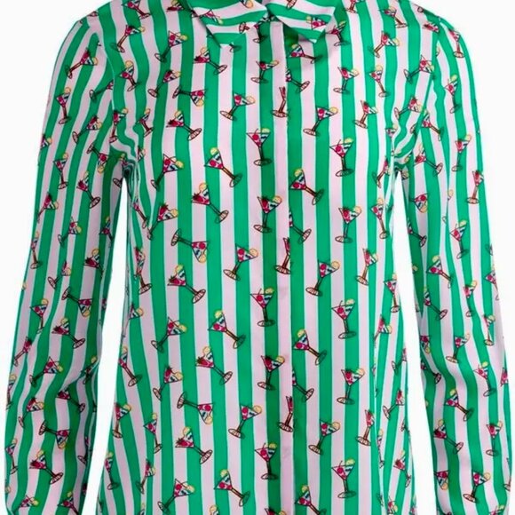 Alice & Olivia Willa Silk Shirt Martini Print Pale Pink & Green Stripes - Large - Picture 3 of 7